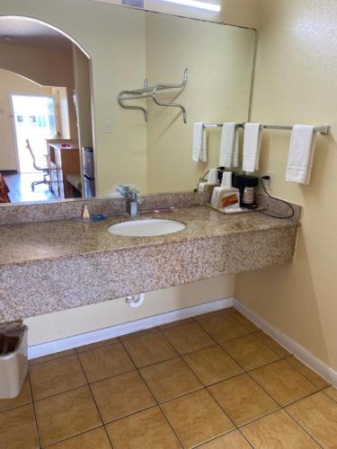 a bathroom counter with a sink and a mirror at Relax Inn & Suites in Angleton
