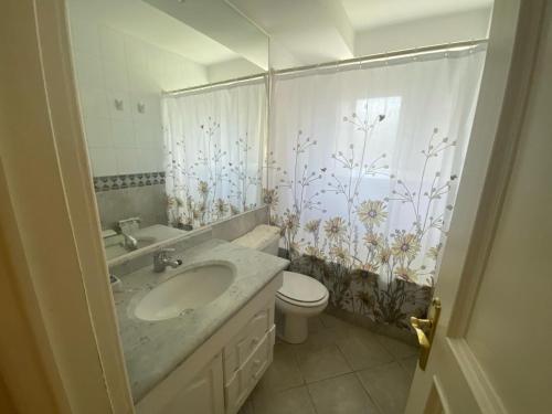 a bathroom with a sink and a toilet and a mirror at Pucon departamento in Pucón