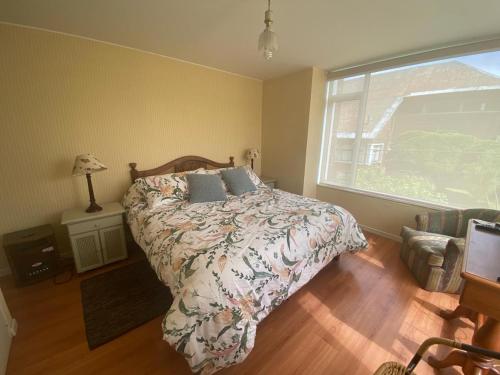a bedroom with a bed and a window at Pucon departamento in Pucón