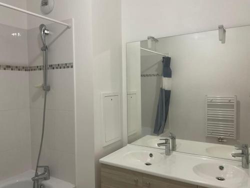 une salle de bain avec un lavabo, une douche et un miroir dans l'établissement Appartement cosy et lumineux 3 pieces, à Drancy