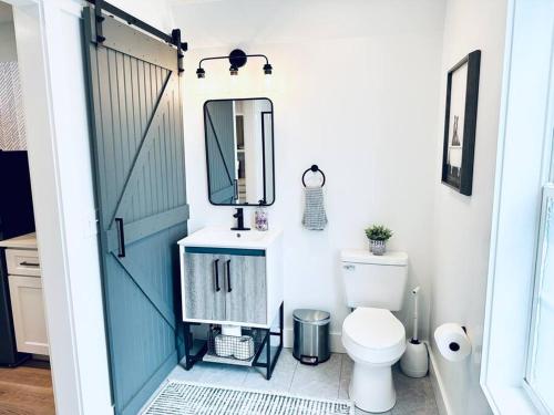 a bathroom with a toilet and a mirror at Unique a frame cabin located near Old Rag Mountain in Etlan