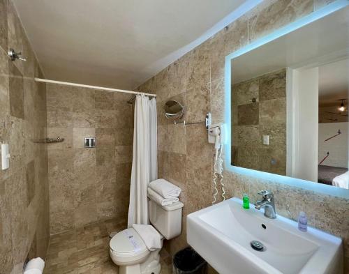 a bathroom with a sink and a toilet and a mirror at Suites Havre in Mexico City