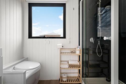 a bathroom with a shower and a toilet and a window at Tiny Charm in Lake Charm