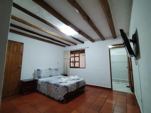 a bedroom with a bed and a tv in a room at HOSPEDAJE - SANDANED in Villa de Leyva