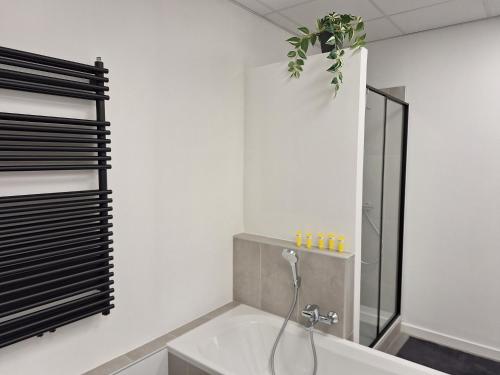 La salle de bains est pourvue d'une baignoire et d'une douche. dans l'établissement Huis ALNA 5, à Malines