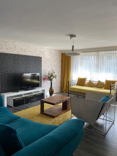 een woonkamer met een bank en een tv bij Apartment Düsseldorf-Süd in Düsseldorf
