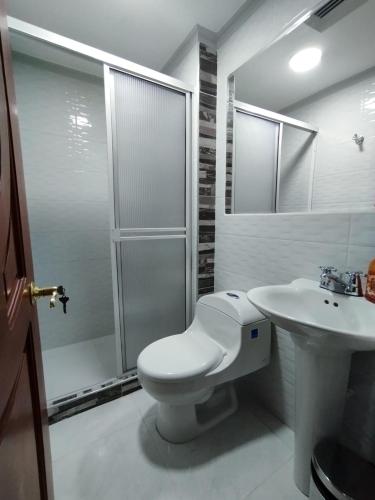 a bathroom with a toilet and a sink and a shower at Hotel Miluansa in Pereira