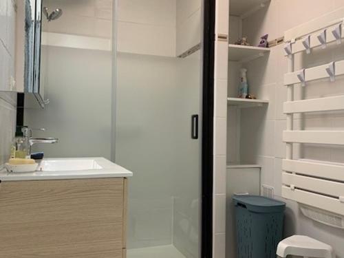une salle de bain avec une douche, un lavabo et des toilettes dans l'établissement Appartement avec Parking, Clim, P. Animaux, Proche Thermes à Balaruc-les-Bains - FR-1-503-11, à Balaruc-les-Bains
