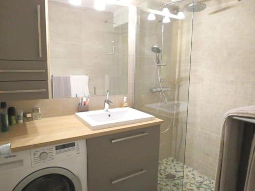 une salle de bain avec une machine à laver et un lavabo dans l'établissement Superbe T2 climatisé avec piscine à Sainte-Maxime - FR-1-780-59, à Sainte-Maxime