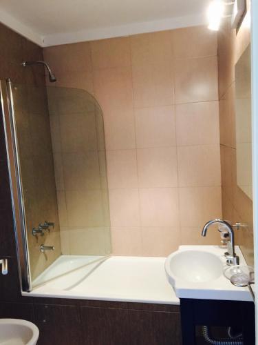 a bathroom with a shower and a tub and a sink at Apart Hotel Cañuelas in Cañuelas