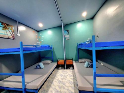 サンフアンにあるHidden Palms Inn and Resortの青い壁の客室で、二段ベッド2台が備わります。