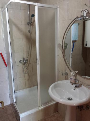 a bathroom with a shower and a sink at Gjole Apartments in Lagadin