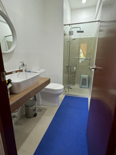 ein Badezimmer mit einem Waschbecken, einer Dusche und einem blauen Teppich in der Unterkunft PerBelle Guest House in Consolation