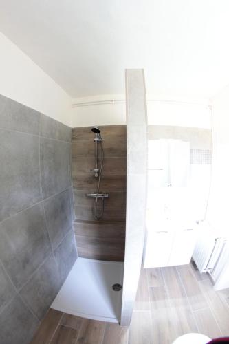 a bathroom with a shower in the corner at La Maisonnette - 2 chambres, parking, jardinet & calme in Tournai