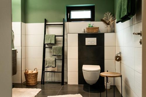 a bathroom with a toilet and a shelf at Idyllische Ferienwohnung im Kraichgau in Sinsheim