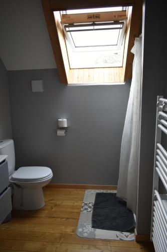 a bathroom with a toilet and a skylight at Gîte de montagne Le Lustou in Sailhan