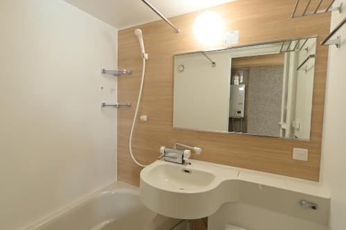 a bathroom with a sink and a mirror and a tub at JR Mobile Inn Chitose in Chitose