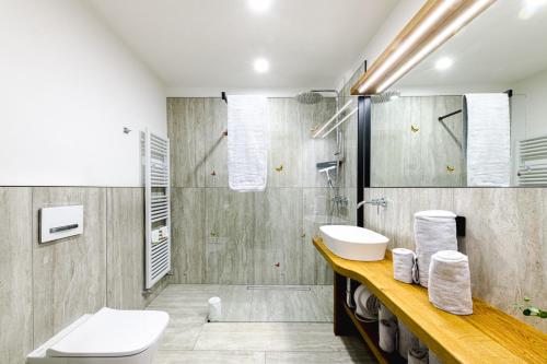 a bathroom with a toilet sink and a shower at Appartamento San Carlo in Tirano