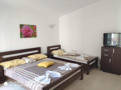 2 aparte bedden in een kamer met een tv bij Apartments Brnjada in Sutomore
