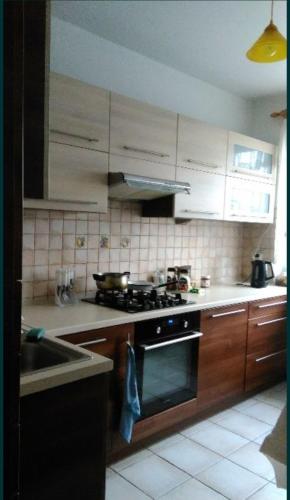 a kitchen with a stove and a sink at Apartament Stalowa Wola centrum in Stalowa Wola