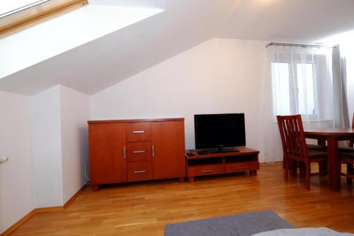 sala de estar con TV y armario de madera en Apartament Słoneczny 2, en Opole