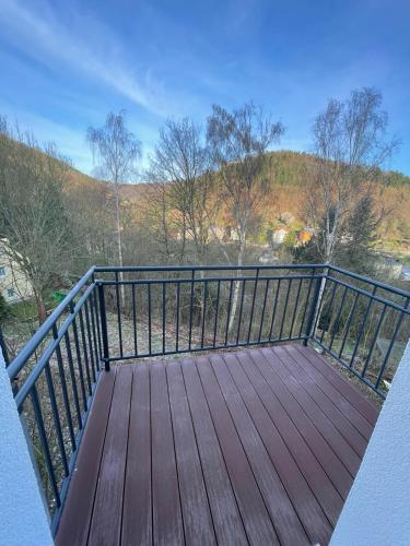 a wooden deck with a railing on top of the water at Haus Charlottenburg, zentrumsnah gelegen, mit Blick auf die Festung, ab April 24 mit Sauna Option in Königstein an der Elbe