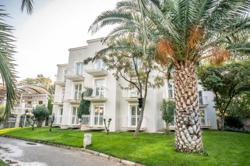 a palm tree in front of a white building at Mark Warner Phokaia Beach Resort in Foca