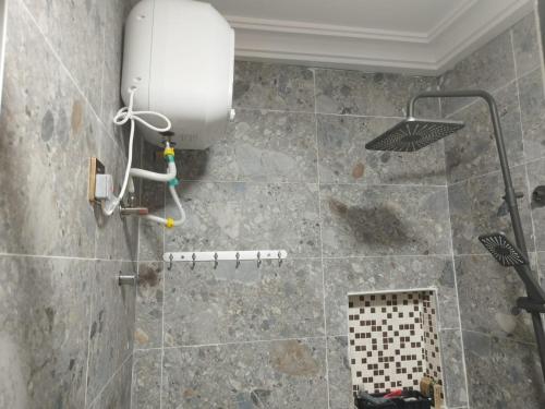een badkamer met een douche en een tank aan de muur bij Springtime in Sapaiman