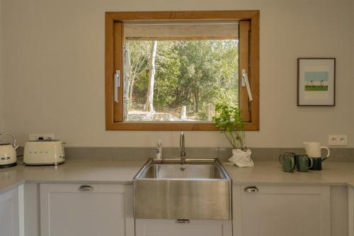 Villa Piccula في Brando: مطبخ مع حوض ونافذة