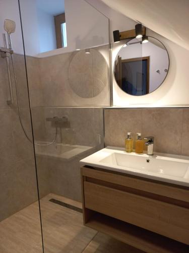 a bathroom with a sink and a shower and a mirror at Arsenal Park Transilvania in Orăştie
