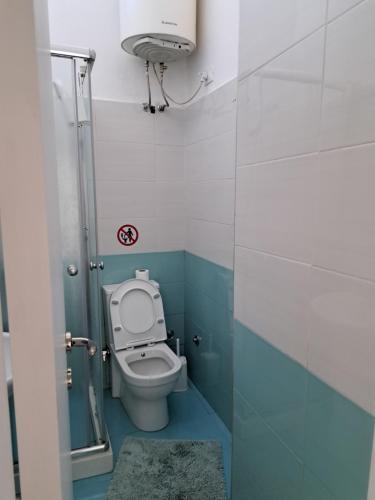 a small bathroom with a toilet and a shower at The house of dreams in Shkodër