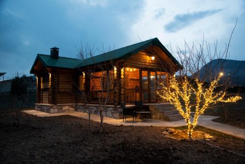 a log cabin with a green roof and a tree at Wooden House in WildLife Refuge in Vedi