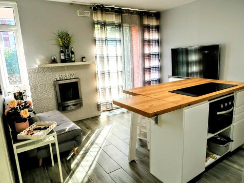 uma cozinha com uma ilha de cozinha numa sala de estar em Madison - Cozy one-bedroom flat em Eltham