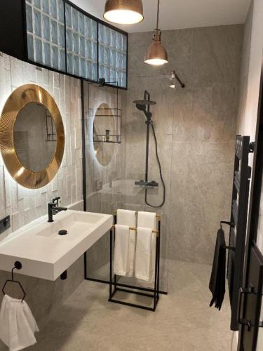 une salle de bain avec un lavabo, un miroir et une douche dans l'établissement LA MAISON DE ROBINSON, au Plessis-Robinson