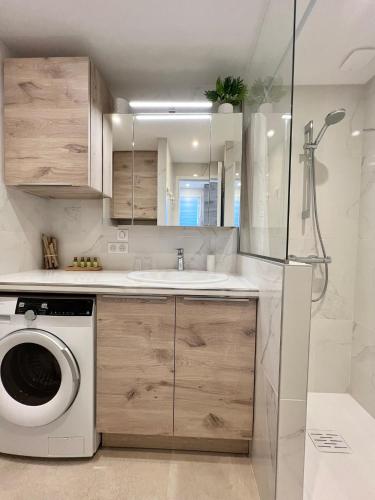 a bathroom with a sink and a washing machine at Bastide du Levant - 50m plage - Rez de jardin in Sainte-Maxime