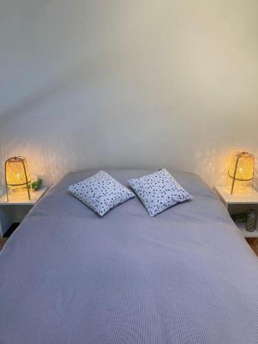 - un lit avec 2 oreillers et 2 lampes dans l'établissement Duplex Cosy à 4 min des plages, à Six-Fours-les-Plages