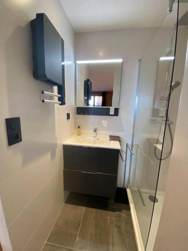 a small bathroom with a sink and a shower at Appartement bas de chalet in Font Romeu Odeillo Via