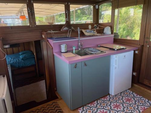 une cuisine avec un évier et un plan de travail dans l'établissement Dépaysement Art déco sur Seine à 2 pas de Paris, à Saint-Cloud