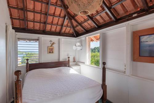ein Schlafzimmer mit einem Bett und zwei Fenstern in der Unterkunft Maison d'Ô Pointe Thalémont, avec petite crique privative in Le François