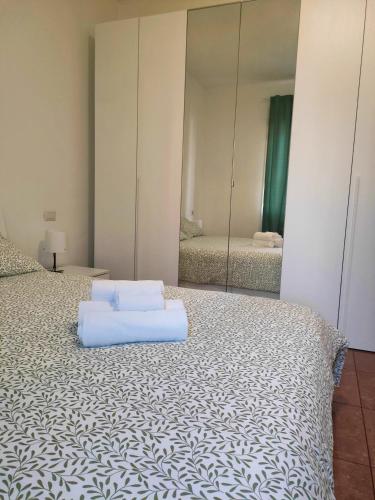 een slaapkamer met een bed en een grote spiegel bij Bilocale 5 a pochi passi da Milano in Sesto San Giovanni