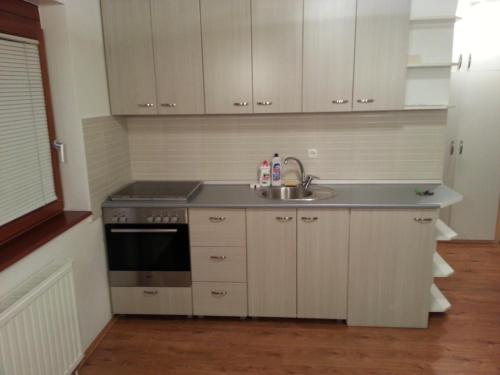 a kitchen with a sink and a stove at Beautiful View Of Sarajevo Center in Sarajevo
