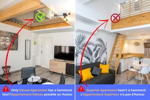 Il comprend un salon et une cuisine avec une mezzanine. dans l'établissement Duplex : Plage 300m, Clim, Netflix, à Cannes