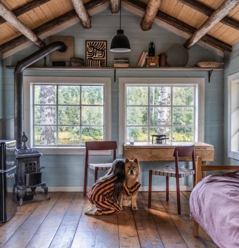 a dog sitting on the floor in a room with windows at Cabin by Byske river surrounded by the forest in Byske