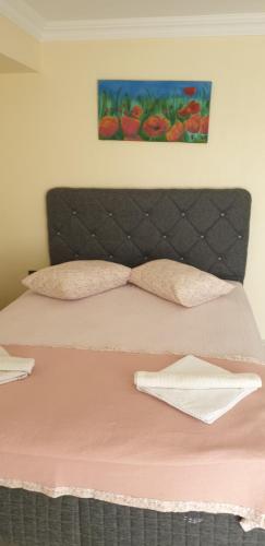 a bed with pink sheets and a painting on the wall at Daphne Pansiyon in Bergama