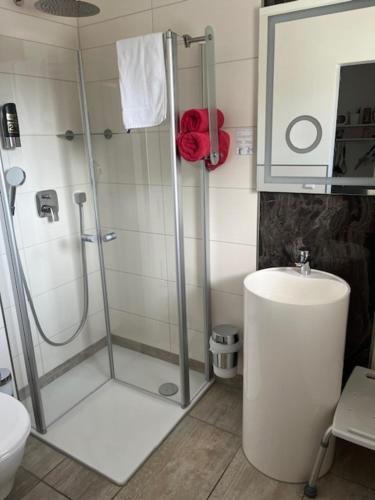 a bathroom with a shower and a toilet and a sink at Hotel Gasthof Handewitt in Handewitt