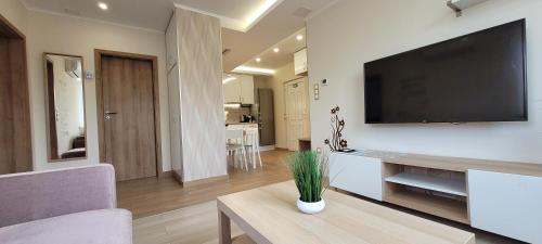a living room with a large flat screen tv on a wall at Harmony Apartments Sárvár in Sárvár