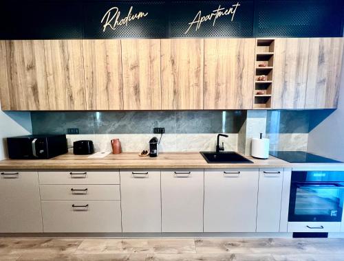 a kitchen with white cabinets and a sink at Rhodium Apartment in Cluj-Napoca