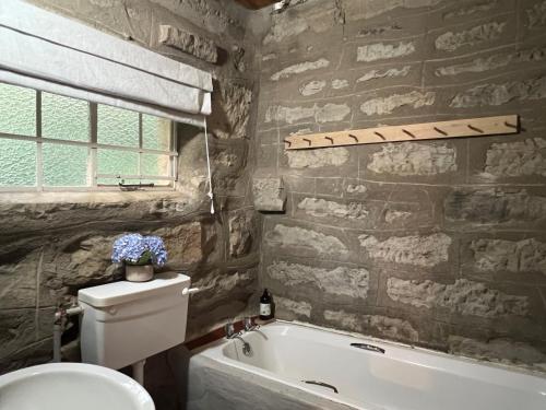 a bathroom with a toilet and a bath tub at Wyford Farm in Van Reenen