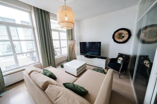 un salon avec un canapé et une télévision dans l'établissement Quiet central Lyon AIL, à Lyon