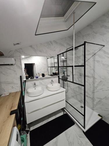 a bathroom with two sinks and a mirror at Maison bordeaux lac in Bordeaux